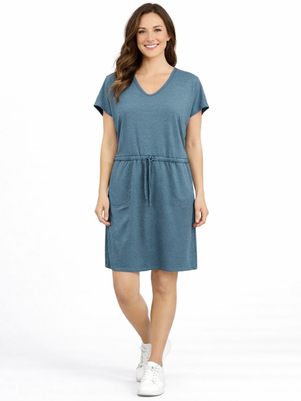 32 Degrees Cool Teal Blue V Neck Athleisure Knee Length Dress Women’s Size L